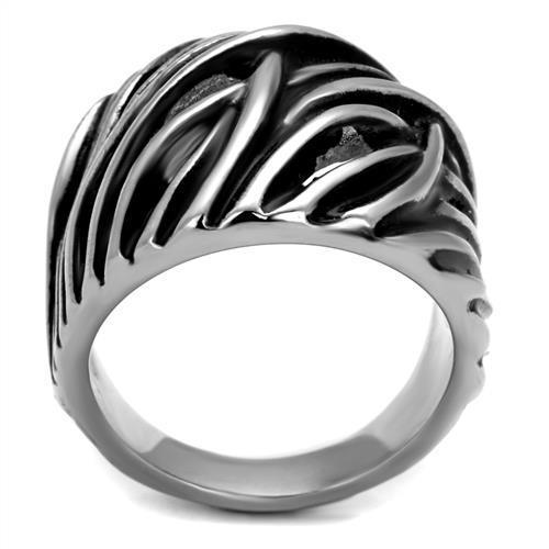 High polished stainless steel ring featuring a jet black epoxy center stone, showcasing a sleek and elegant design.