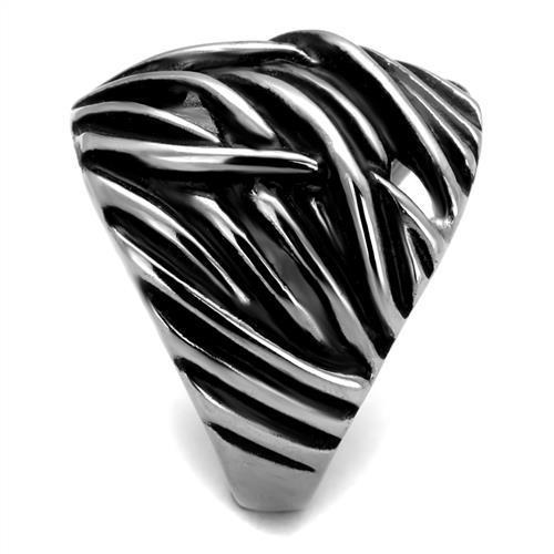 High polished stainless steel ring featuring a jet black epoxy center stone, showcasing a sleek and elegant design.