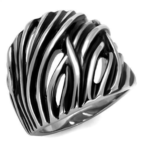 High polished stainless steel ring featuring a jet black epoxy center stone, showcasing a sleek and elegant design.