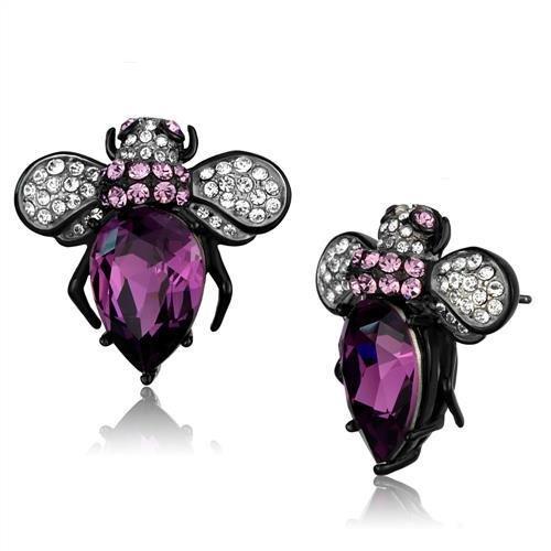 TK2385 Two-Tone IP Black Stainless Steel Earrings featuring Amethyst crystals, showcasing a modern and elegant design.