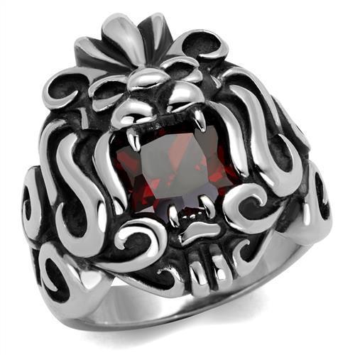 TK2339 High Polished Stainless Steel Ring featuring a AAA Garnet center stone, showcasing its elegant design and shiny finish.