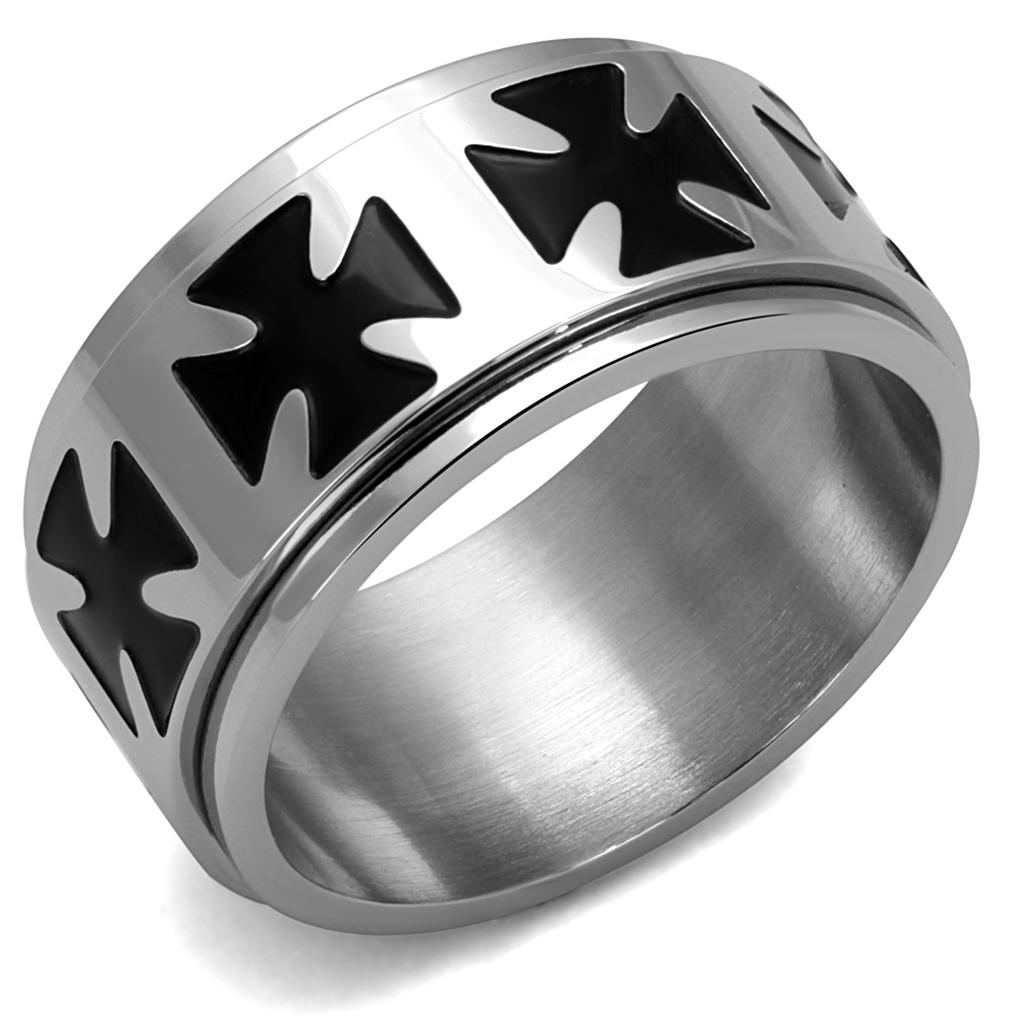 TK2391 High Polished Stainless Steel Ring featuring a jet epoxy center stone, showcasing a sleek and elegant design.