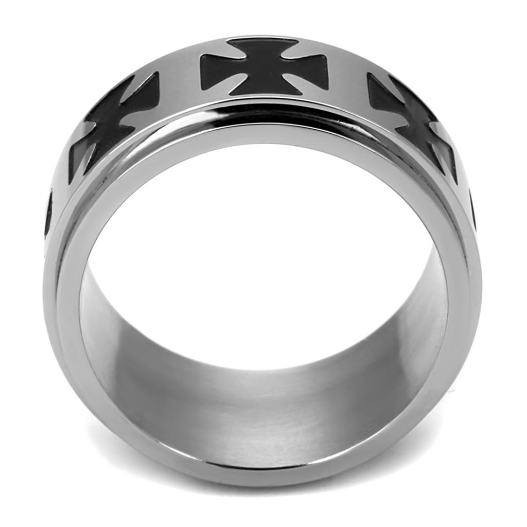 TK2391 High Polished Stainless Steel Ring featuring a jet epoxy center stone, showcasing a sleek and elegant design.