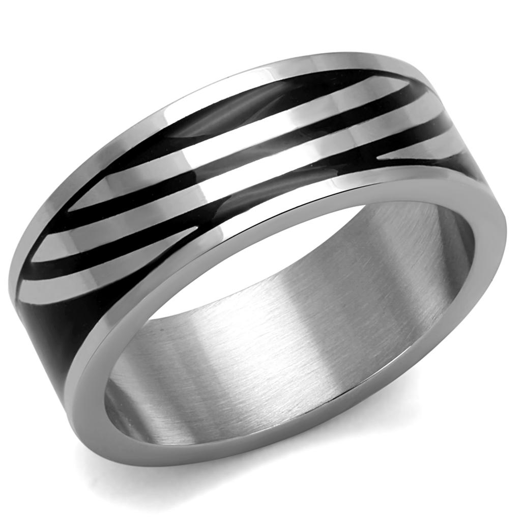 TK2411 High Polished Stainless Steel Ring featuring a jet black epoxy center stone, showcasing its elegant design and shiny finish.