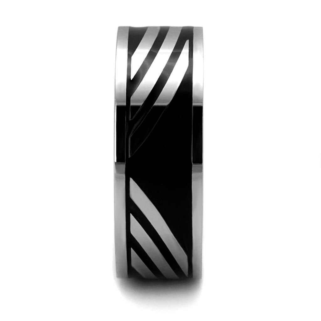 TK2411 High Polished Stainless Steel Ring featuring a jet black epoxy center stone, showcasing its elegant design and shiny finish.