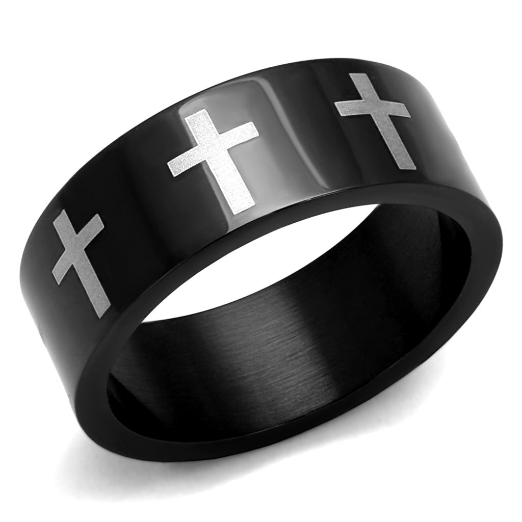 TK2410 Two-Tone IP Black Stainless Steel Ring showcasing a sleek design with a modern finish.