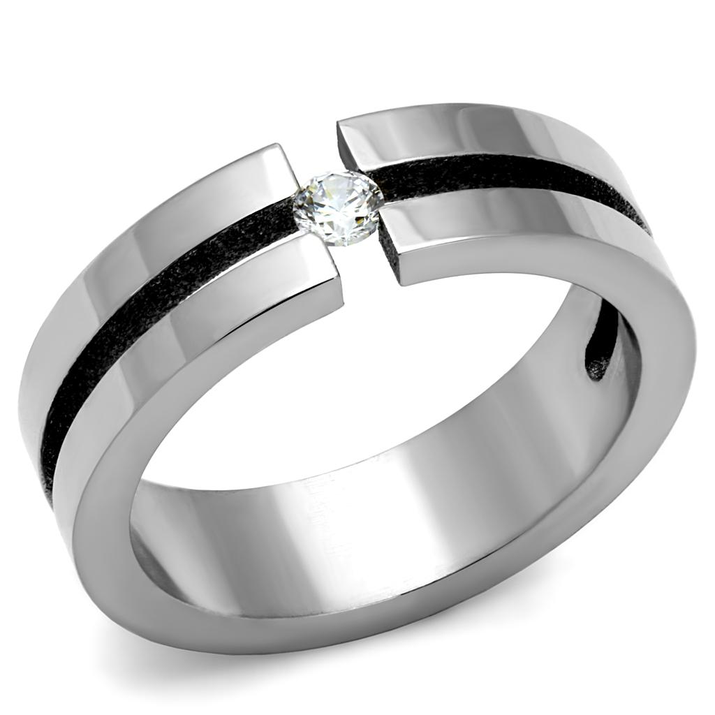 TK2412 High Polished Stainless Steel Ring featuring a clear AAA Grade CZ stone, showcasing its elegant design and shiny finish.