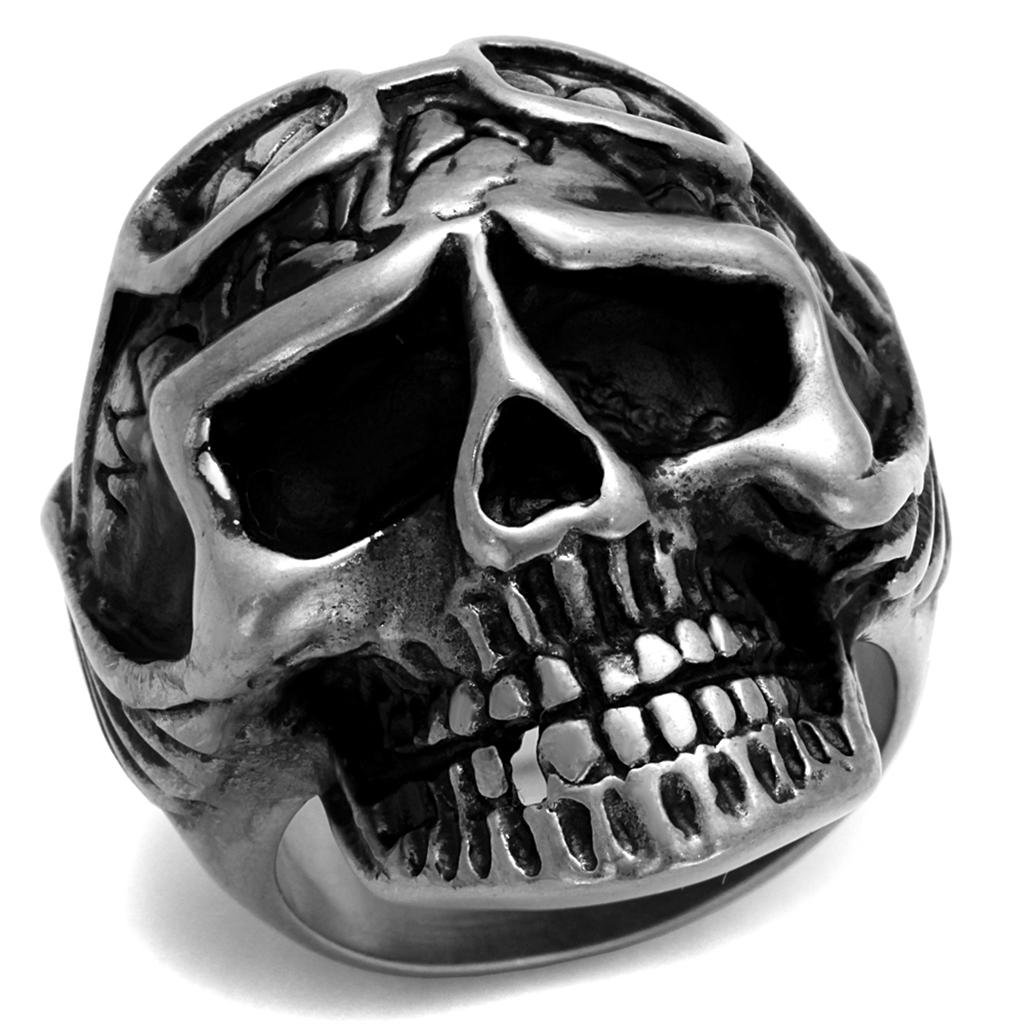 TK2414 Antique Silver Stainless Steel Ring featuring a Jet Epoxy center stone, showcasing its elegant design and antique finish.