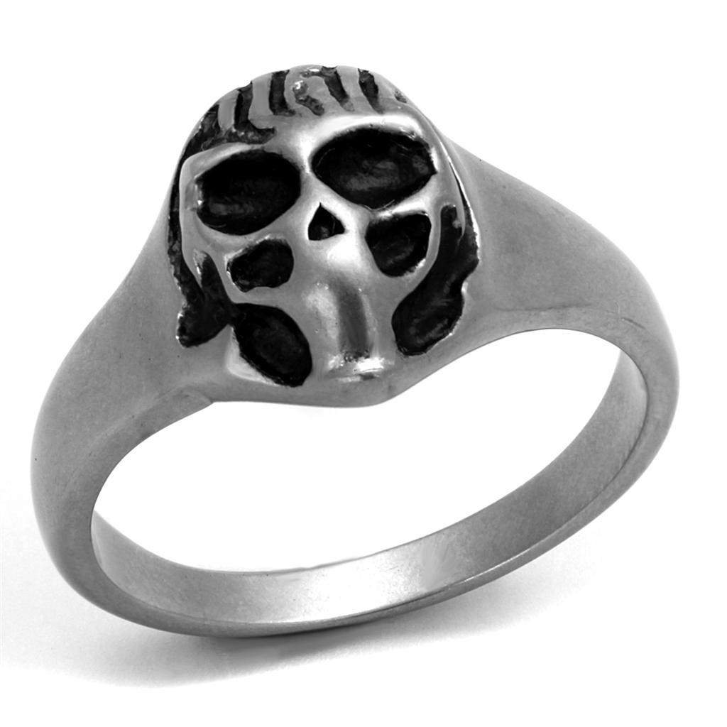 TK2417 Antique Silver Stainless Steel Ring featuring a glossy Jet Epoxy center stone, showcasing a vintage design.