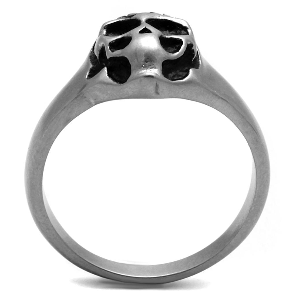 TK2417 Antique Silver Stainless Steel Ring featuring a glossy Jet Epoxy center stone, showcasing a vintage design.