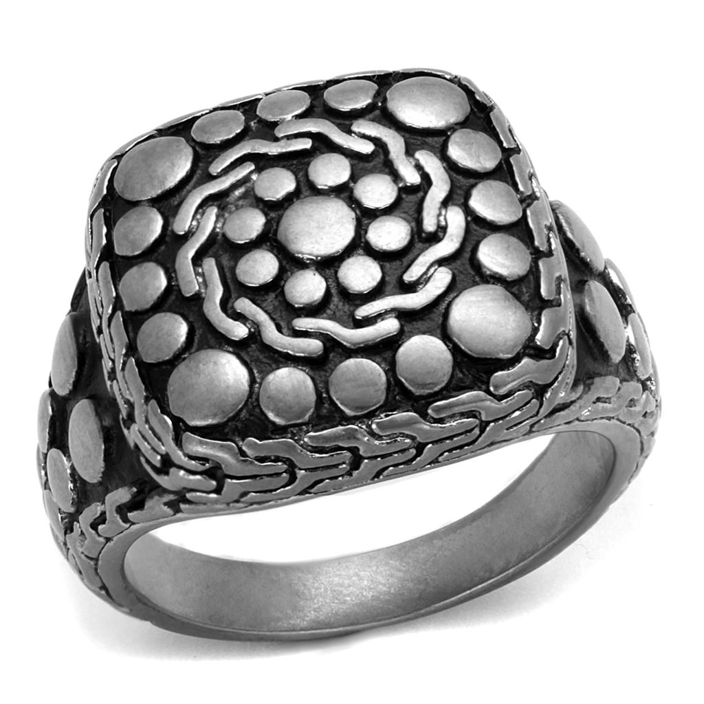 TK2420 Antique Silver Stainless Steel Ring featuring a Jet Epoxy center stone, showcasing its elegant design and vintage appeal.