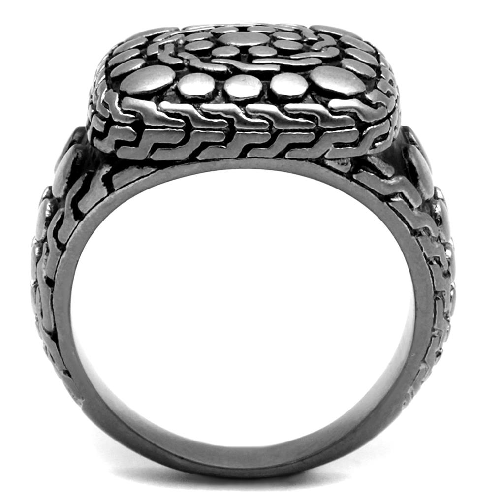 TK2420 Antique Silver Stainless Steel Ring featuring a Jet Epoxy center stone, showcasing its elegant design and vintage appeal.