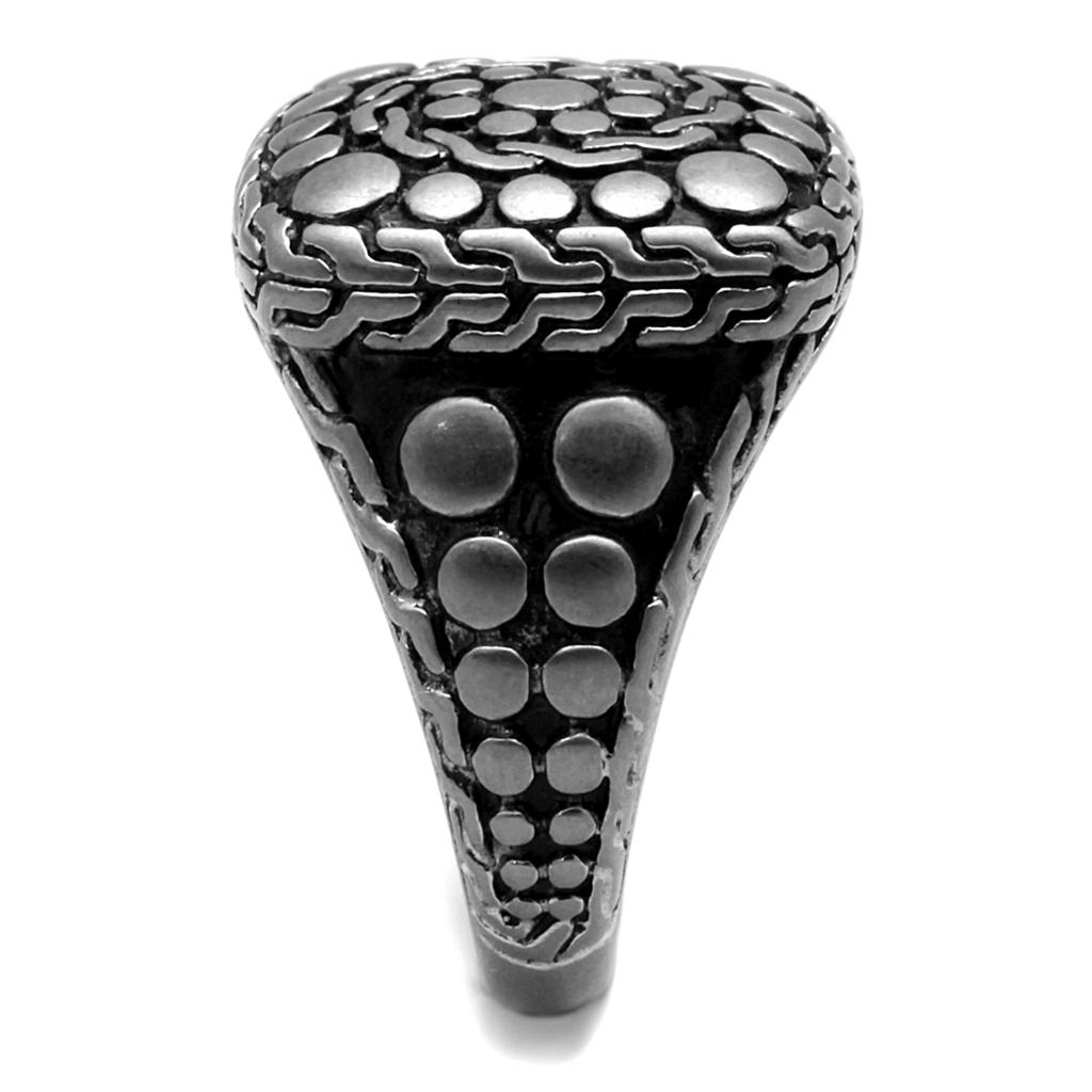 TK2420 Antique Silver Stainless Steel Ring featuring a Jet Epoxy center stone, showcasing its elegant design and vintage appeal.