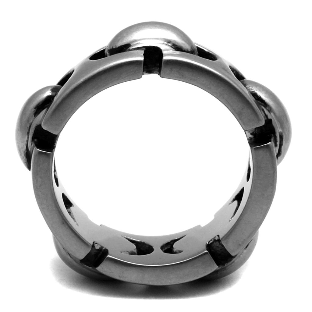 TK2421 Antique Silver Stainless Steel Ring featuring a jet epoxy center stone, showcasing a vintage design.