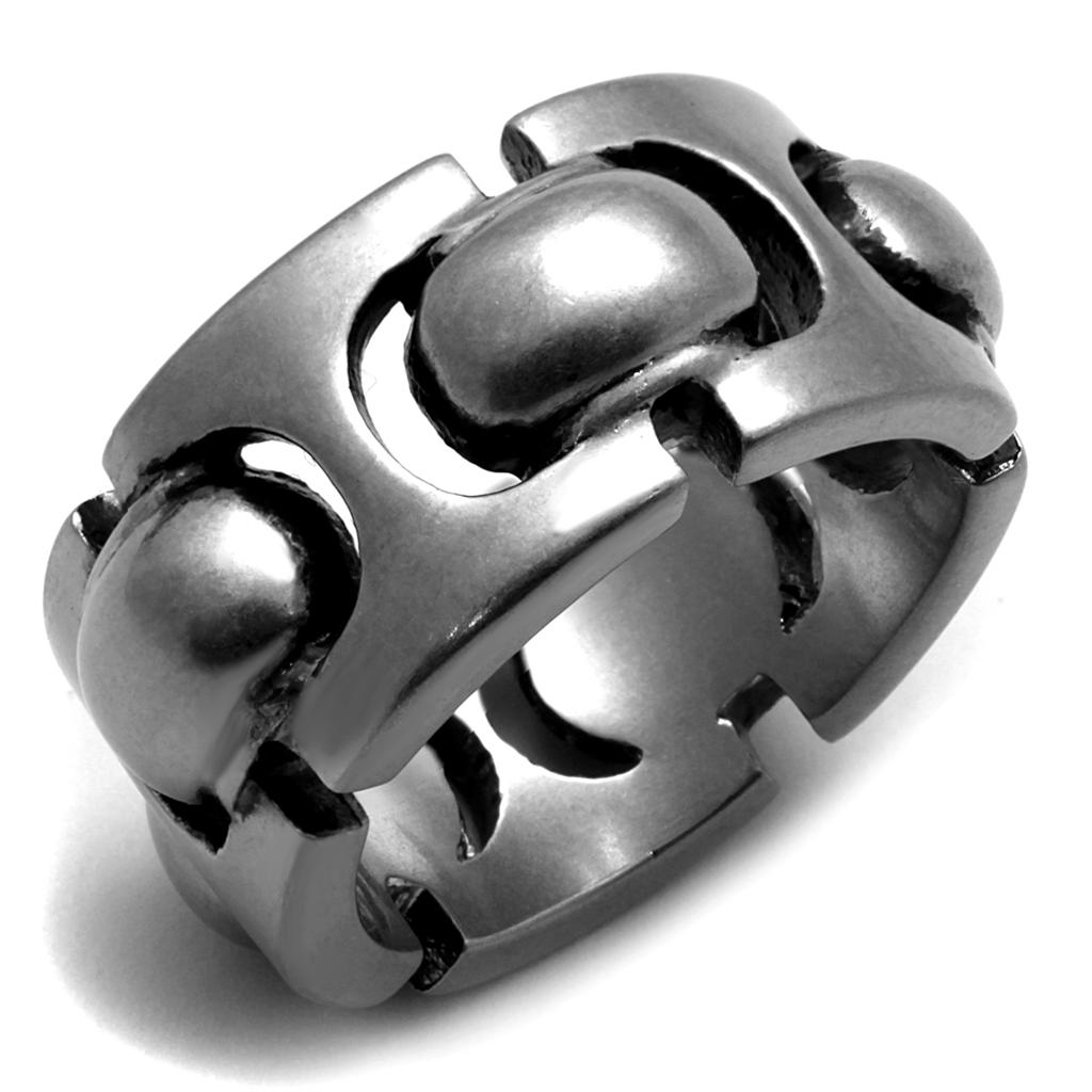 TK2421 Antique Silver Stainless Steel Ring featuring a jet epoxy center stone, showcasing a vintage design.