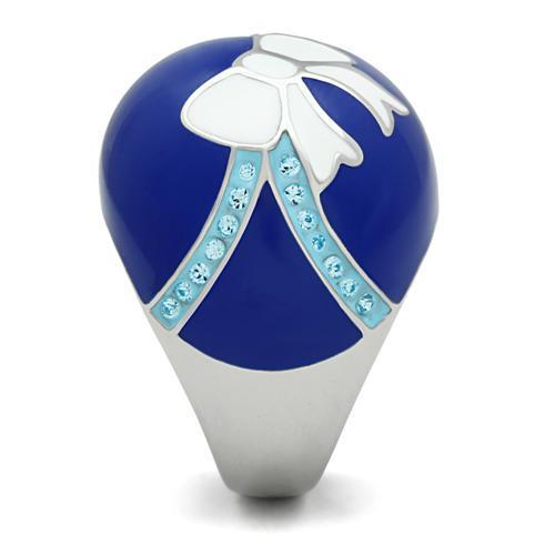 TK245 High Polished Stainless Steel Ring featuring a Sea Blue Top Grade Crystal, showcasing its elegant design and shine.