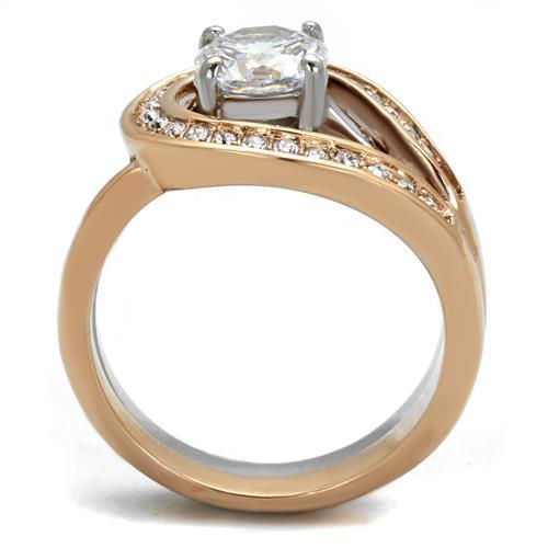 TK2479 Two-Tone IP Rose Gold Stainless Steel Ring featuring a clear AAA Grade CZ stone, showcasing its elegant design and craftsmanship.