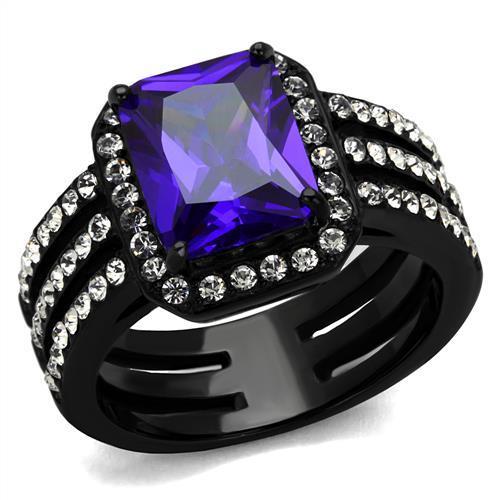 TK2486 IP Black Stainless Steel Ring with AAA Grade CZ center stone in tanzanite color, showcasing its elegant design.