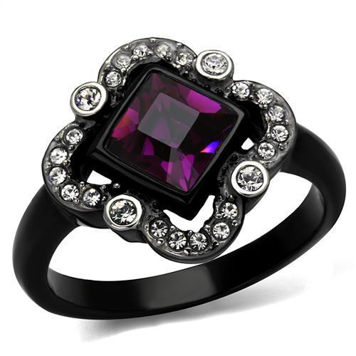 TK2489 Two-Tone IP Black Stainless Steel Ring featuring a vibrant fuchsia top-grade crystal, showcasing modern elegance and durability.