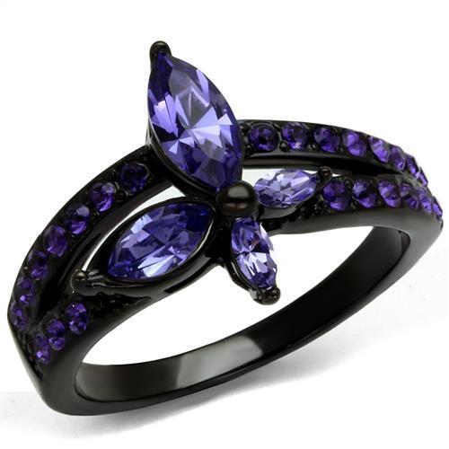 TK2490 IP Black Stainless Steel Ring featuring a top-grade tanzanite crystal, showcasing its elegant design and durable finish.