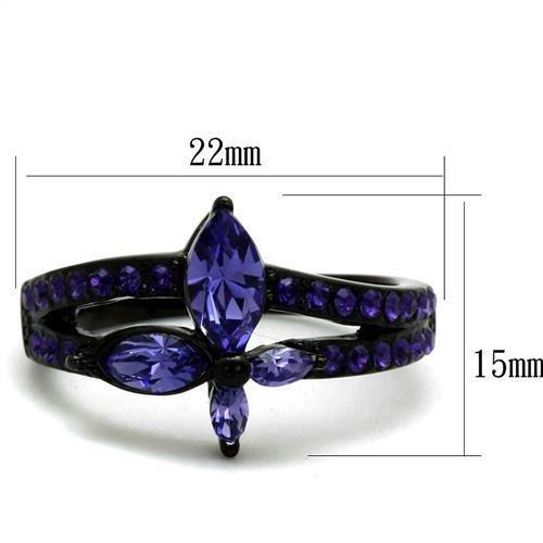 TK2490 IP Black Stainless Steel Ring featuring a top-grade tanzanite crystal, showcasing its elegant design and durable finish.