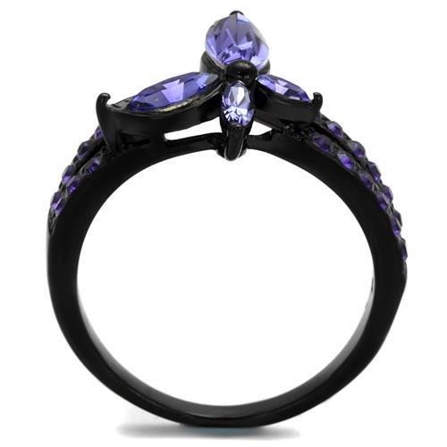 TK2490 IP Black Stainless Steel Ring featuring a top-grade tanzanite crystal, showcasing its elegant design and durable finish.