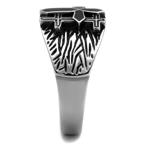 TK2505 High Polished Stainless Steel Ring featuring a jet black epoxy stone, showcasing its elegant design and shiny finish.