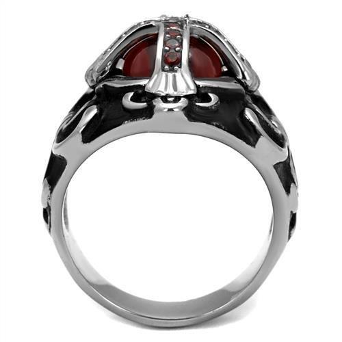 TK2507 High Polished Stainless Steel Ring featuring AAA Grade CZ in Garnet color, showcasing a sleek design and brilliant shine.