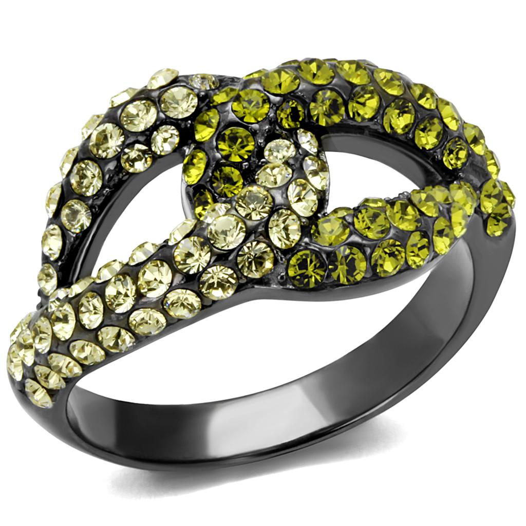 TK2251LJ IP Light Black Stainless Steel Ring featuring a multi-color top-grade crystal centerpiece, showcasing a modern and elegant design.