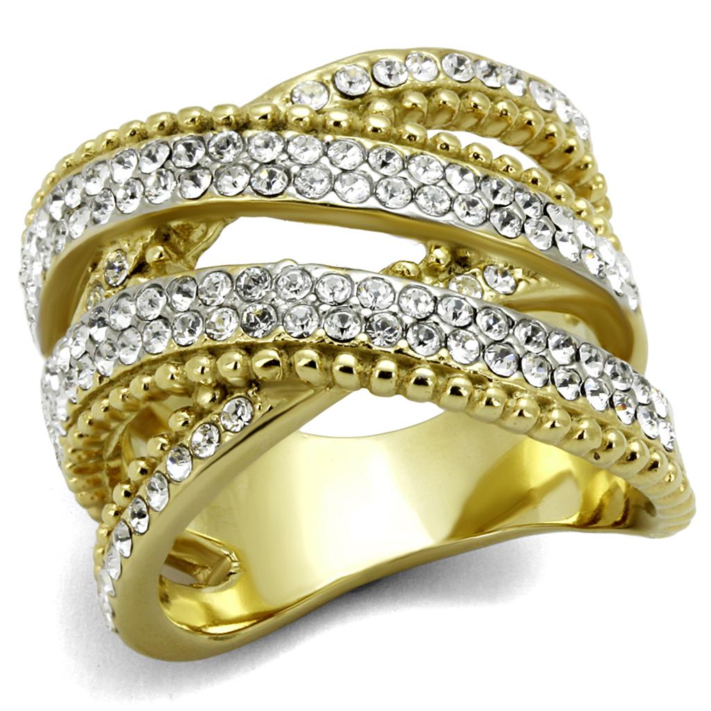 TK2252 Two-Tone IP Gold Stainless Steel Ring featuring a clear top-grade crystal centerpiece, showcasing a luxurious and elegant design.
