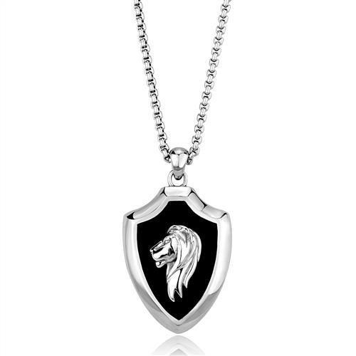 High polished stainless steel chain pendant with jet epoxy center stone, showcasing a sleek and modern design.