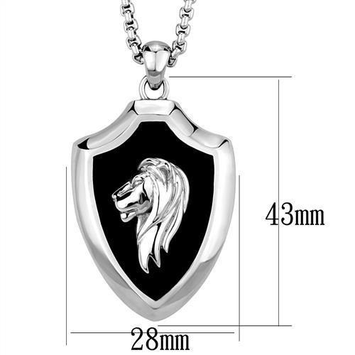 High polished stainless steel chain pendant with jet epoxy center stone, showcasing a sleek and modern design.