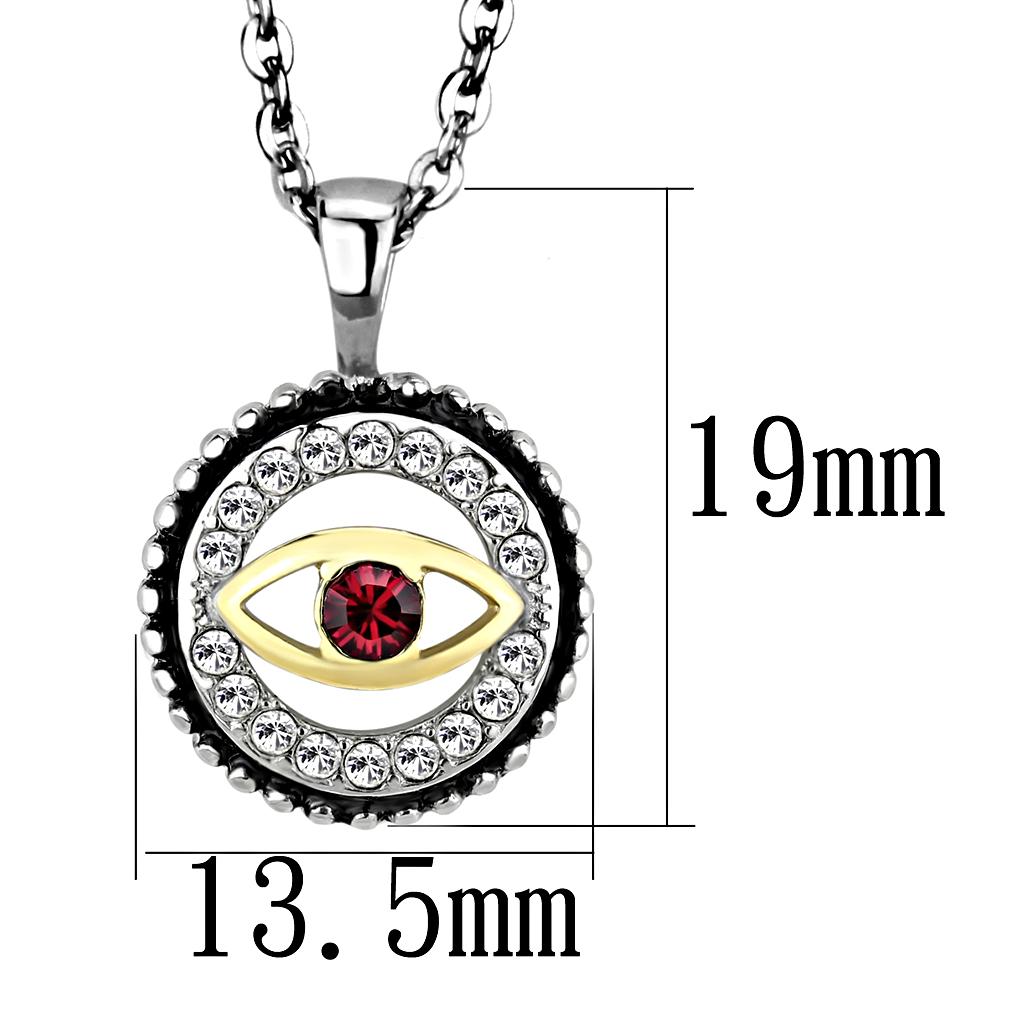 TK2527 Two-Tone IP Gold Stainless Steel Chain Pendant featuring a garnet crystal centerpiece, showcasing elegance and durability.