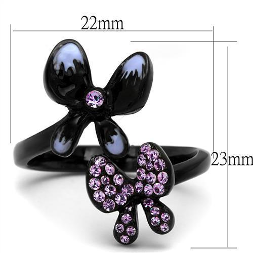 TK2554 IP Black Stainless Steel Ring with light amethyst crystal centerpiece, showcasing a modern design and durable finish.
