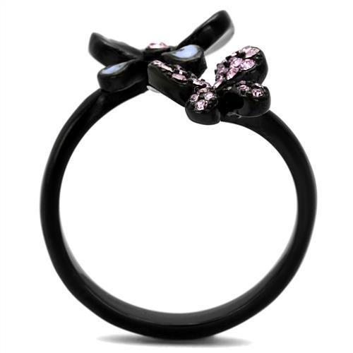 TK2554 IP Black Stainless Steel Ring with light amethyst crystal centerpiece, showcasing a modern design and durable finish.