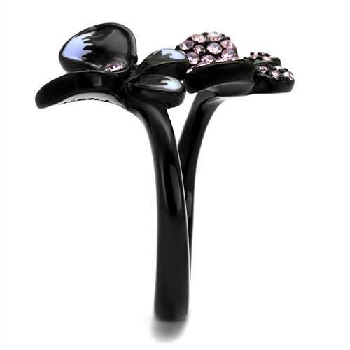 TK2554 IP Black Stainless Steel Ring with light amethyst crystal centerpiece, showcasing a modern design and durable finish.