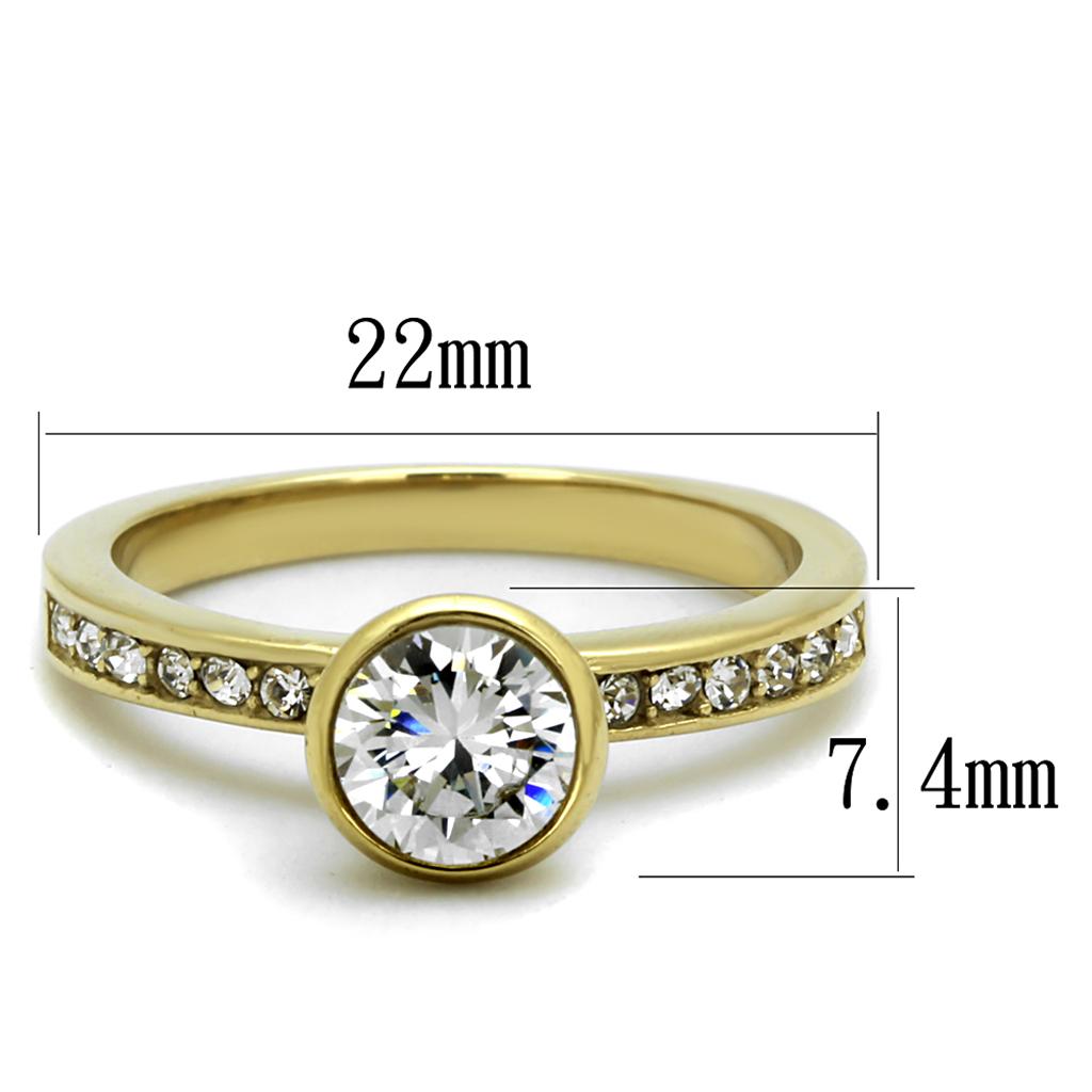 TK2254 IP Gold Stainless Steel Ring featuring AAA Grade clear CZ stone, showcasing its elegant design and luxurious finish.