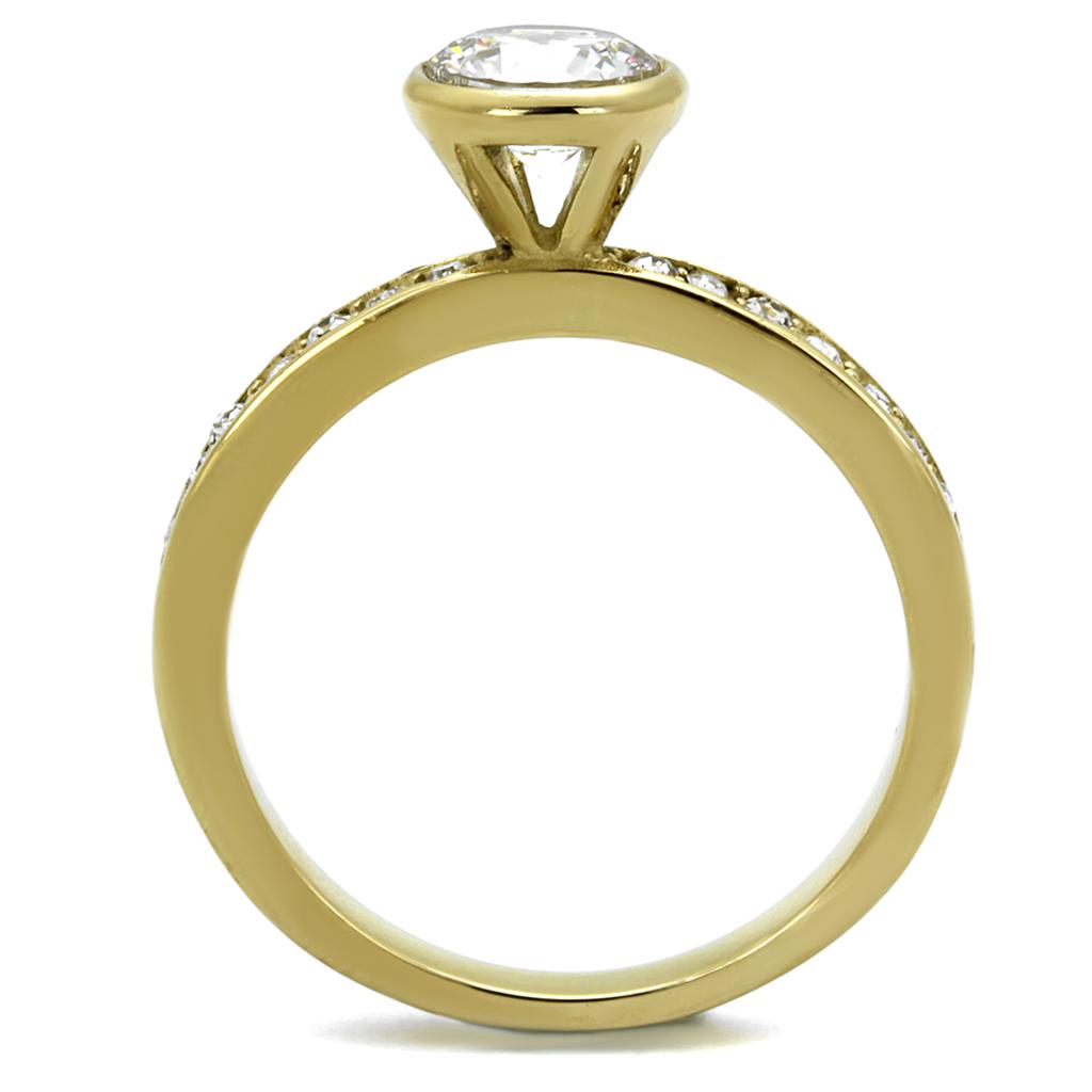 TK2254 IP Gold Stainless Steel Ring featuring AAA Grade clear CZ stone, showcasing its elegant design and luxurious finish.