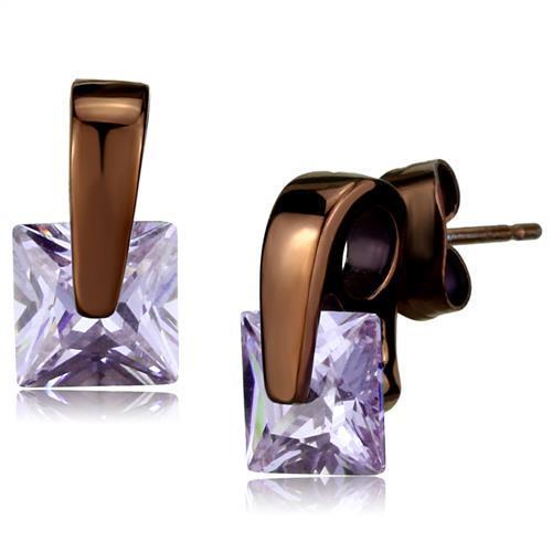 TK2541 IP Dark Brown Stainless Steel Earrings featuring AAA Grade CZ center stone in light amethyst color.