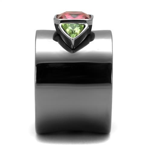 TK2556 IP Light Black Stainless Steel Ring featuring a multi-color synthetic glass stone, showcasing a modern and elegant design.