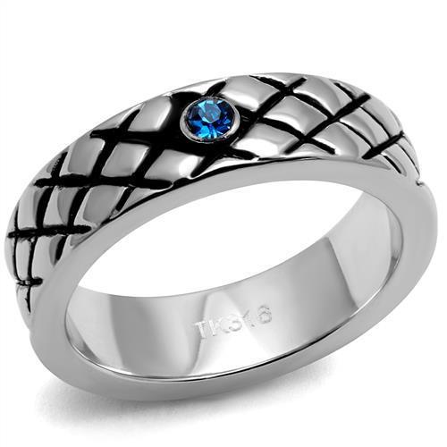 TK2565 High Polished Stainless Steel Ring featuring a Sea Blue Top Grade Crystal, showcasing its elegant design and high-quality finish.