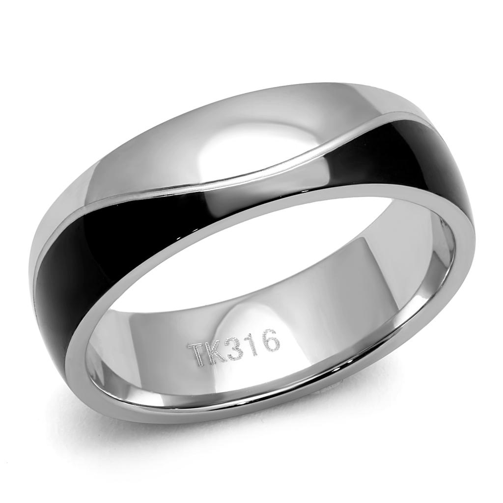 TK2567 Two-Tone IP Black Stainless Steel Ring showcasing its sleek design and modern finish.