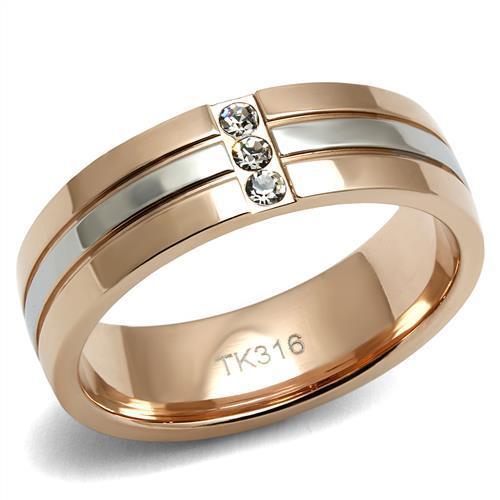 TK2570 Two-Tone IP Rose Gold Stainless Steel Ring featuring a clear top grade crystal center stone, elegantly designed for style and durability.