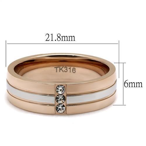 TK2570 Two-Tone IP Rose Gold Stainless Steel Ring featuring a clear top grade crystal center stone, elegantly designed for style and durability.