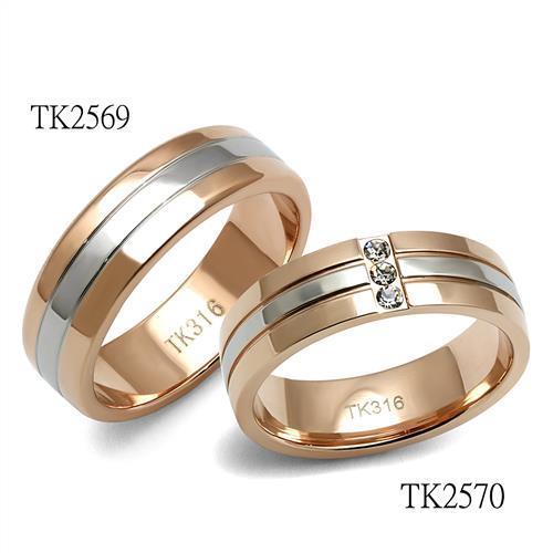 TK2570 Two-Tone IP Rose Gold Stainless Steel Ring featuring a clear top grade crystal center stone, elegantly designed for style and durability.