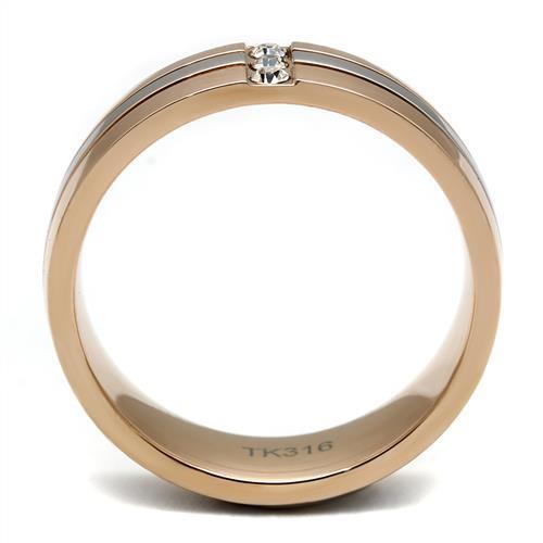 TK2570 Two-Tone IP Rose Gold Stainless Steel Ring featuring a clear top grade crystal center stone, elegantly designed for style and durability.