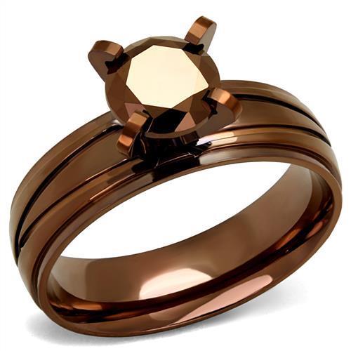 TK2598 IP Coffee light Stainless Steel Ring featuring AAA Grade CZ stone in light coffee color, showcasing its elegant design.