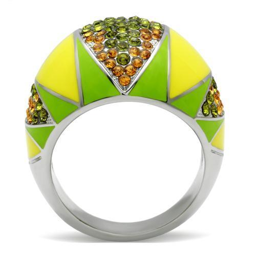 TK266 High Polished Stainless Steel Ring featuring a multi-color top grade crystal, showcasing its elegant design and shiny finish.