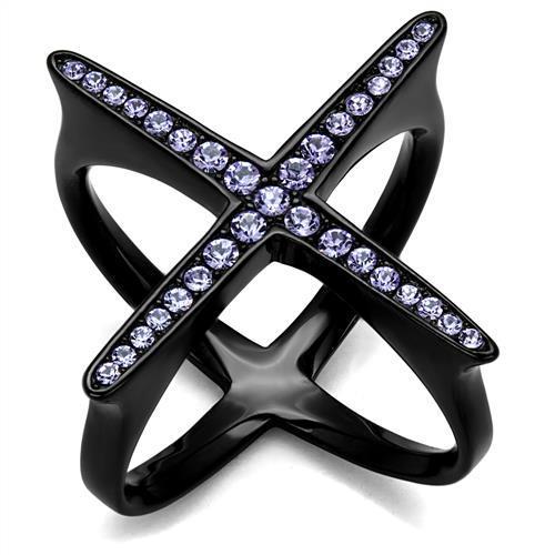 TK2603 IP Black Stainless Steel Ring featuring a top-grade amethyst crystal, showcasing a sleek design with a modern finish.