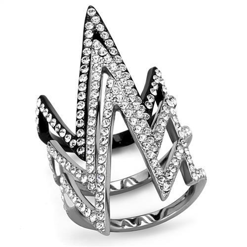 TK2619 Two-Tone IP Black Stainless Steel Ring featuring a clear top-grade crystal centerpiece, showcasing a modern and elegant design.